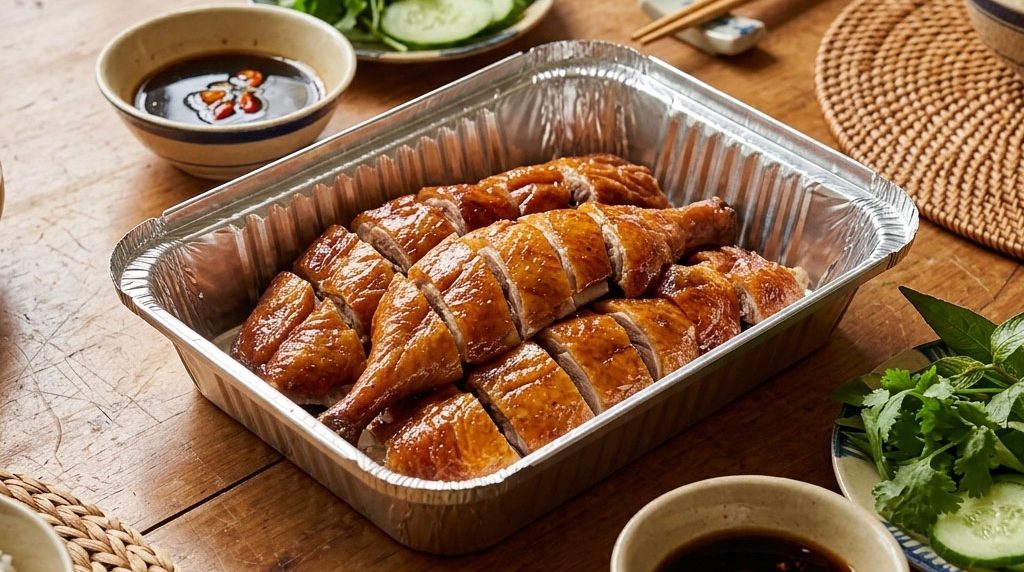 Khay giấy bạc đựng vịt nửa con