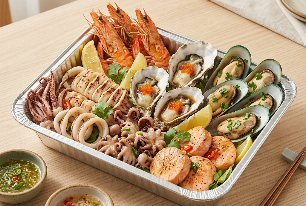 Khay giấy bạc đựng hải sản