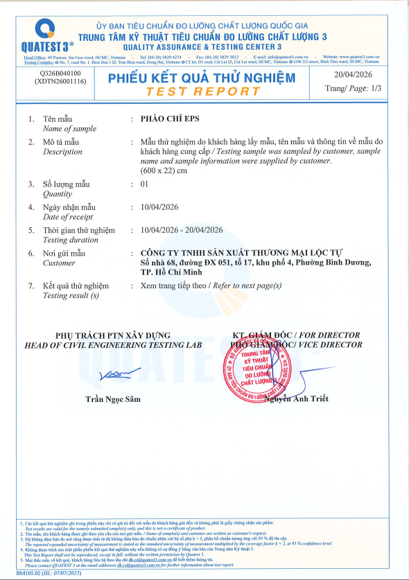 Phiếu kiểm nghiệm chất lượng Phào chỉ xốp Lộc Tự